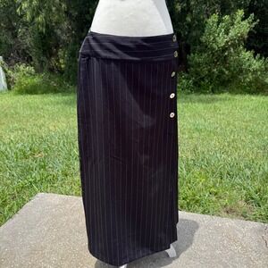 Y2K Dark Academia Preppy Maxi Skirt Pinstripe Button Minimalist Women 10 Black